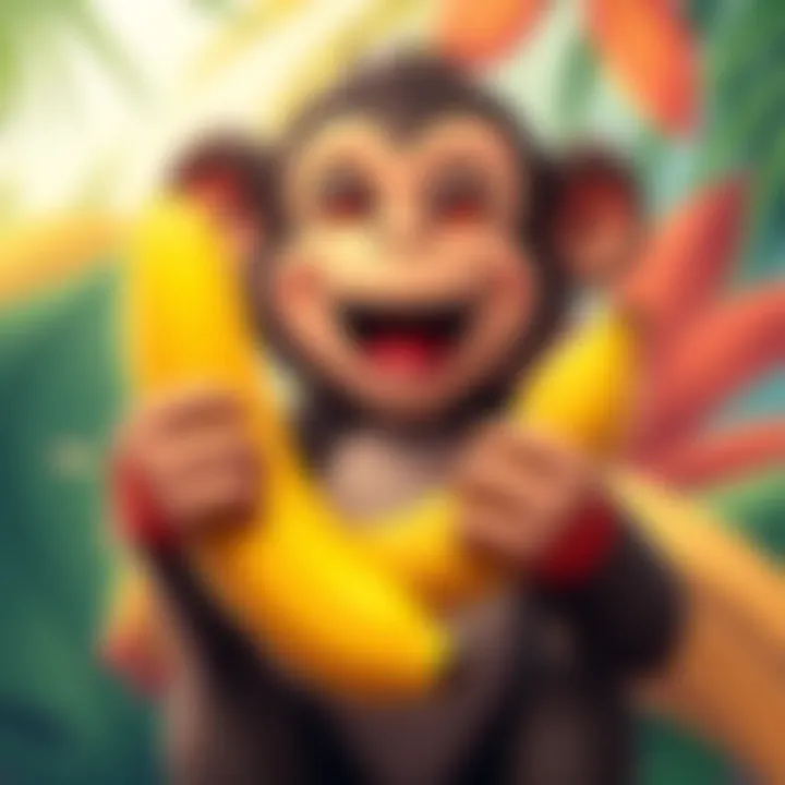 A cheerful cartoon monkey joyfully holding a banana, surrounded by colorful background elements like tropical leaves and other bananas, representing a fun meme theme.