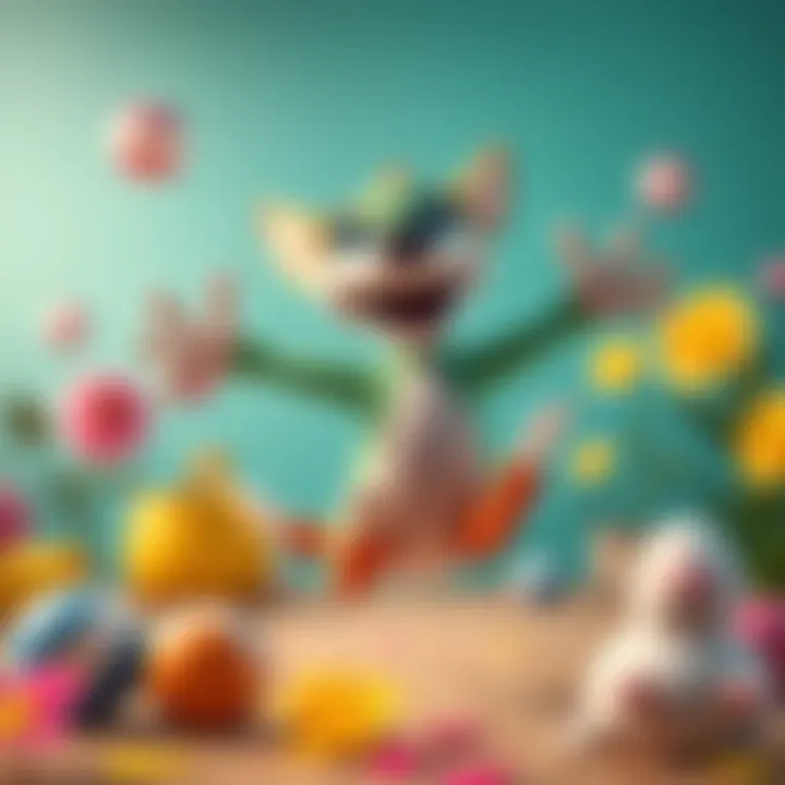 Playful Leaper Pet A colorful Leaper character bouncing joyfully with a big smile, surrounded by playful elements like balls and flowers, representing a fun pet concept.