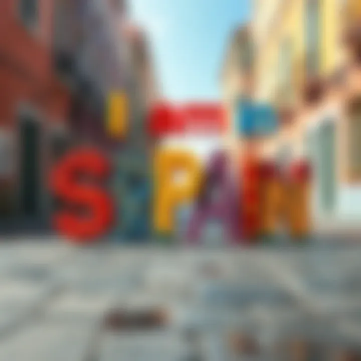 A creative depiction of the phrase 'I am in SPAIN without the A' with colorful letters and a humorous background.