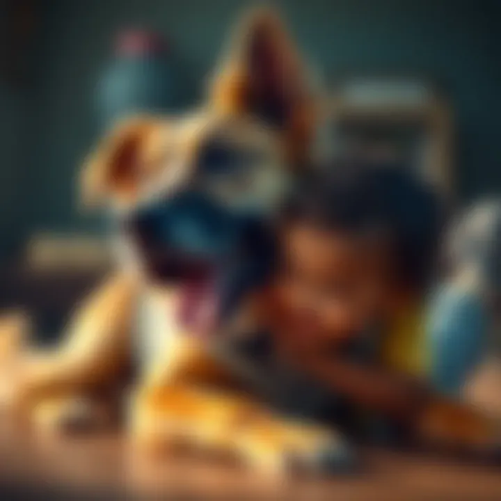 A loyal dog playing with a child while also looking alert and protective, showcasing the dual nature of dogs.