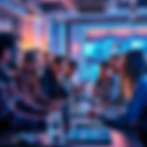 A group of people laughing and sharing ideas about Skybase in a vibrant online forum setting.