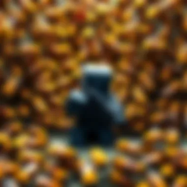A scene from Minecraft showing 16,000 bees surrounding a character playing Doom, illustrating a unique gaming challenge.