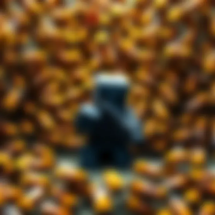 A scene from Minecraft showing 16,000 bees surrounding a character playing Doom, illustrating a unique gaming challenge.