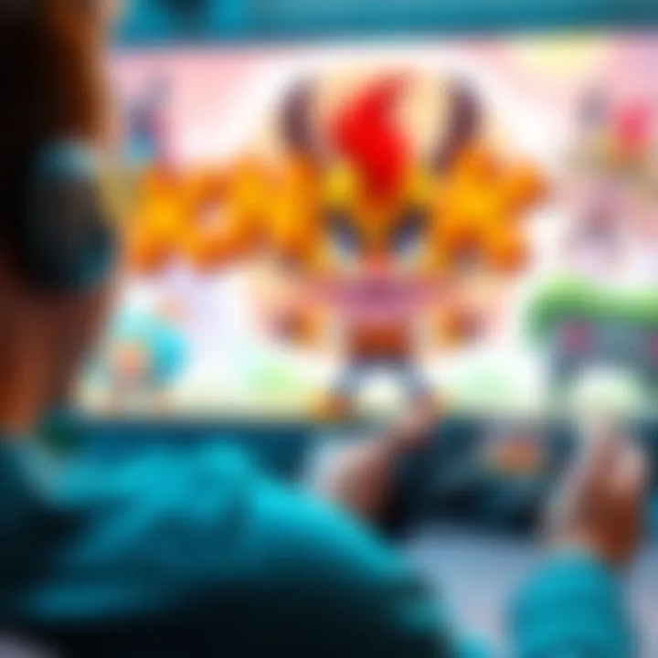 A player enjoying the game Knack on a video game console, engaged in action, with the character showing size-changing abilities on the screen.