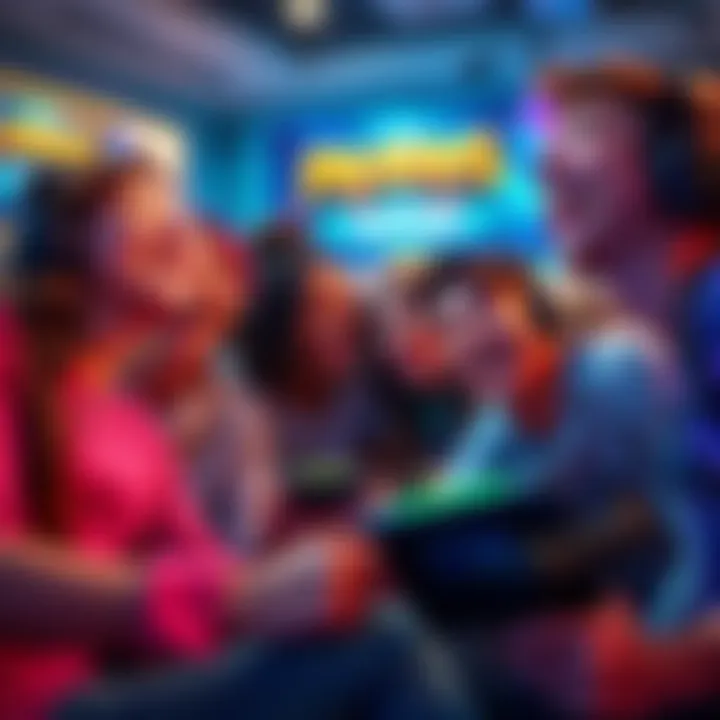 A group of friends enjoying a gaming session of Paladins, smiling and cheering as they play together