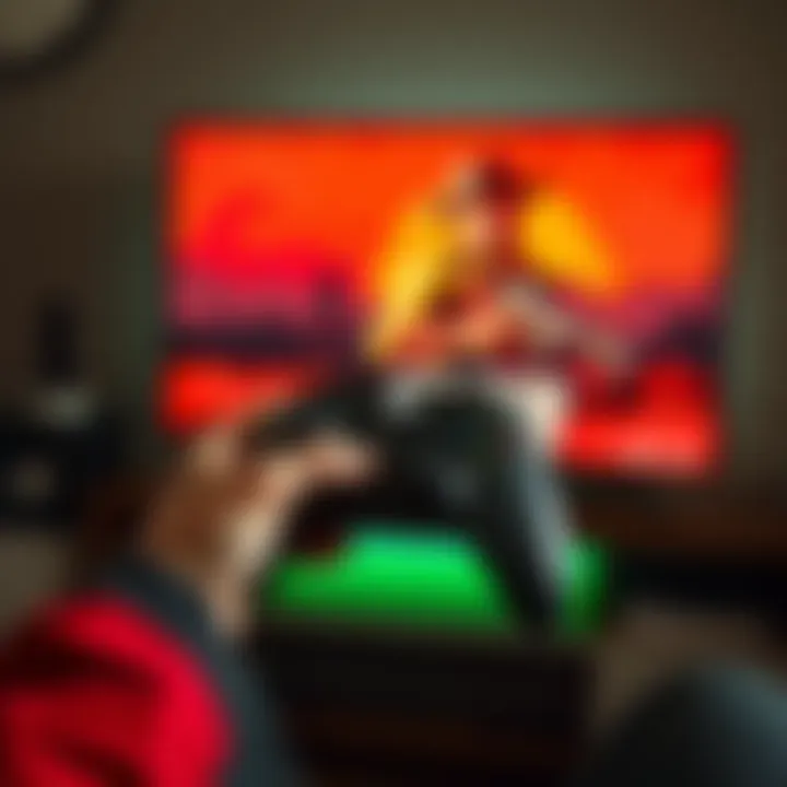 A person holding an Xbox controller while playing Red Dead Revolver on an Xbox One console, with the game displayed on a TV screen