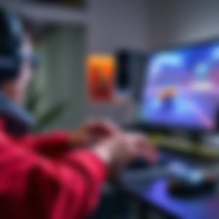 A person playing Rocket League on a Chromebook with a keyboard and mouse setup, showing excitement and focus on the screen.