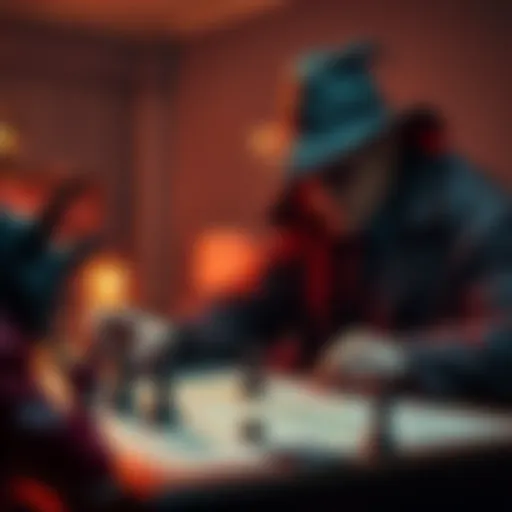 A tabletop game scene featuring a player acting as a clever villain, plotting with game pieces and maps.