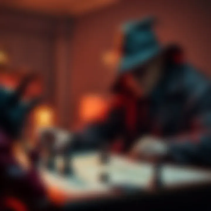 Playing a strategic villain in a game A tabletop game scene featuring a player acting as a clever villain, plotting with game pieces and maps.