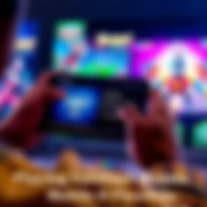 A gamer using a smartphone to play Valorant, with a VPN app visible on the screen, set against a backdrop of vibrant gaming graphics