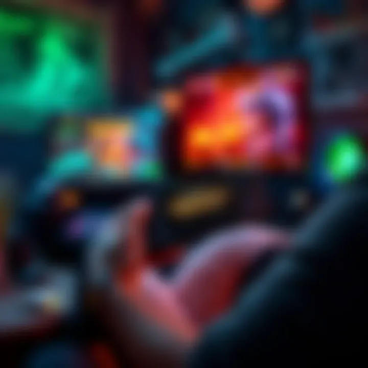 A person holding a Steam Deck while playing World of Warcraft, focused on the screen, with a cozy gaming setup in the background.