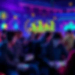 A group of players enjoying a competitive crypto game on their devices, surrounded by colorful graphics and digital currency symbols.