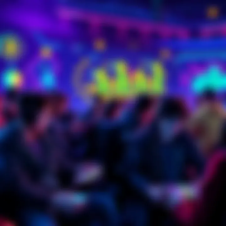 A group of players enjoying a competitive crypto game on their devices, surrounded by colorful graphics and digital currency symbols.