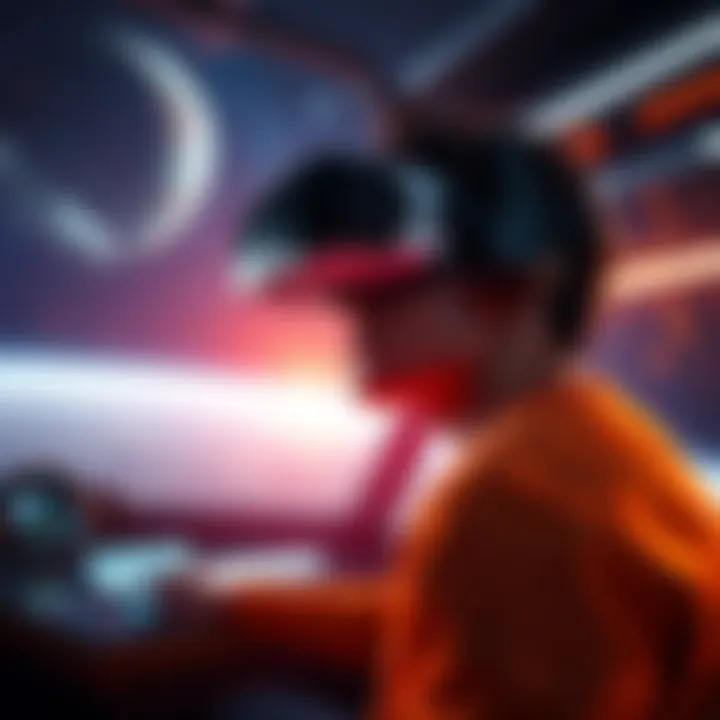 A person wearing Oculus Quest 2 headset while playing Elite Dangerous on a Steam Deck, showing an immersive space environment.