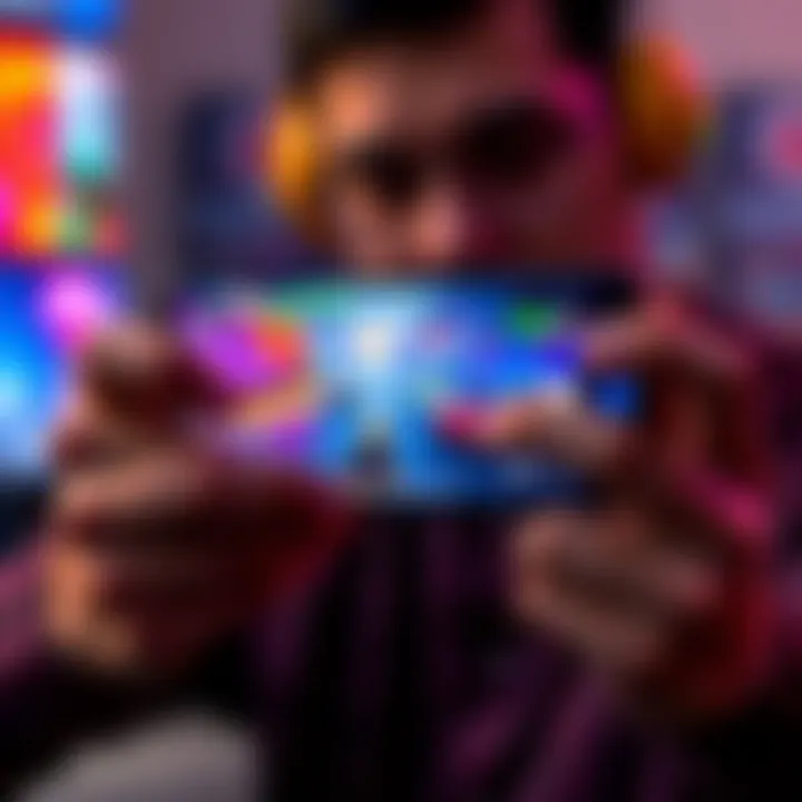 A person holding an iPhone, playing a popular mobile game with vibrant graphics, focused expression on their face.