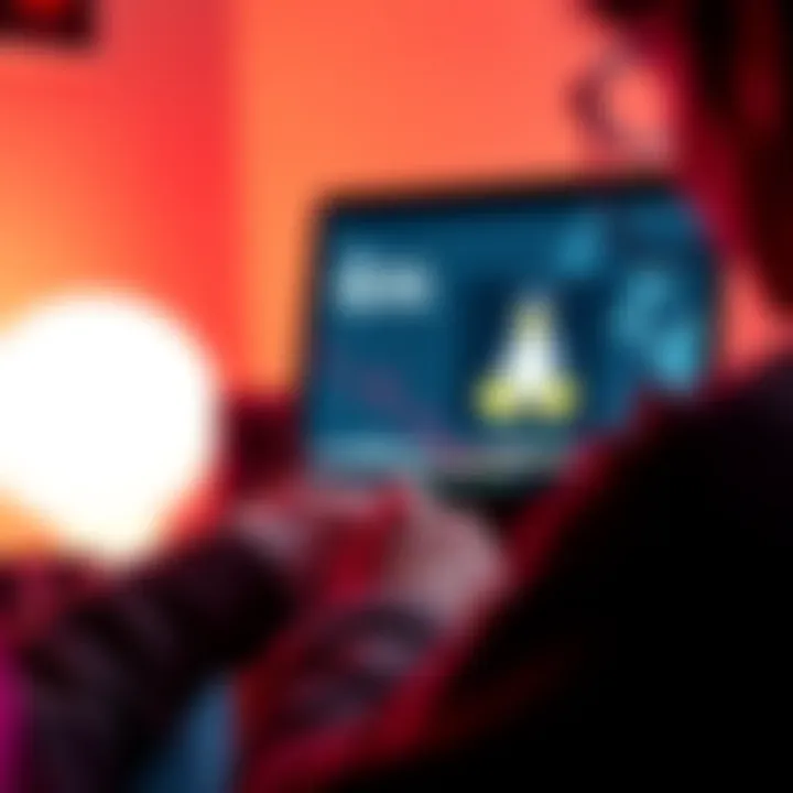 A person using a laptop running Linux while playing a GOG game, showing the game's interface on the screen.