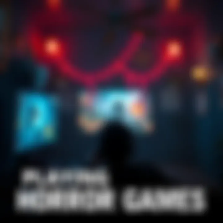 A gamer in a dark room, focused on a screen with horror game visuals, surrounded by spooky decor.