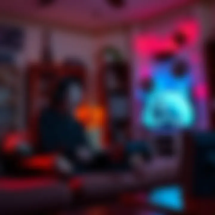 A gamer excitedly playing InFamous on a PS3 console in a cozy living room, with nostalgic decorations around.