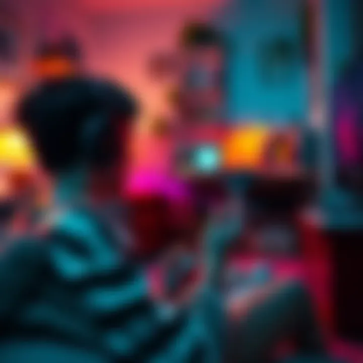A gamer focused on playing the game Innocence with a controller in hand, set against a cozy gaming setup.