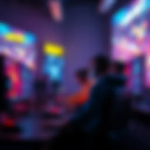 A group of gamers gathered around their computers, engaged in the game Night Shift, with vibrant graphics on screen