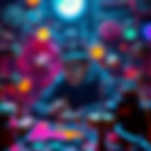 A person exploring the game Opus Magnum, surrounded by colorful mechanical components and puzzles, looking engaged and focused.