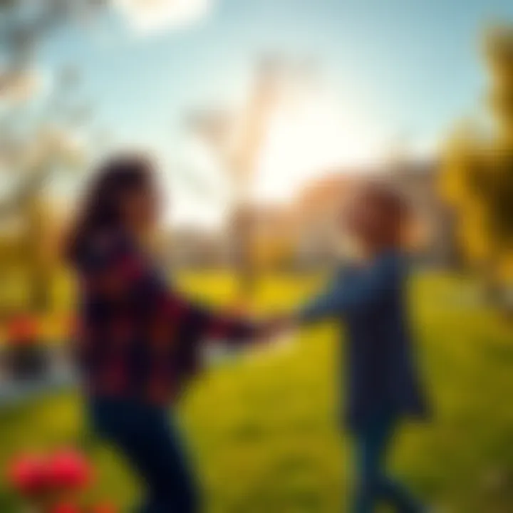 A joyful scene of a person and Skye playing ring around the rosie in a sunny park, laughing and holding hands.