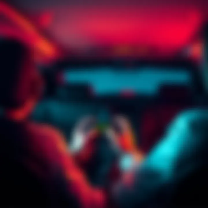 A gamer sits in the backseat of a moving car, focused on playing the Steam Deck while holding it in their hands, with the car's interior visible in the background.