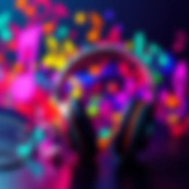 A colorful array of musical notes and headphones representing a playlist for Emre, inviting song suggestions.