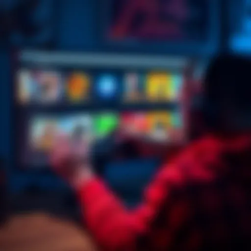 A gamer using a computer to browse PlayStation game options, with colorful game covers displayed on the screen.