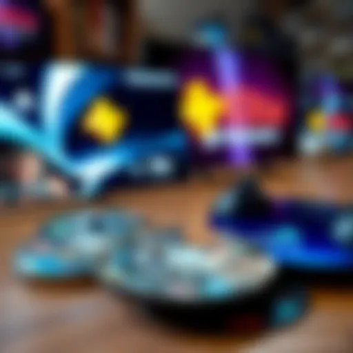 A comparison of digital games on a screen and physical game discs on a table