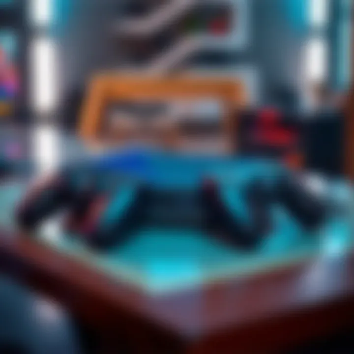 A PlayStation 4 console with two controllers placed on a gaming table, showcasing its classic design and gaming setup.