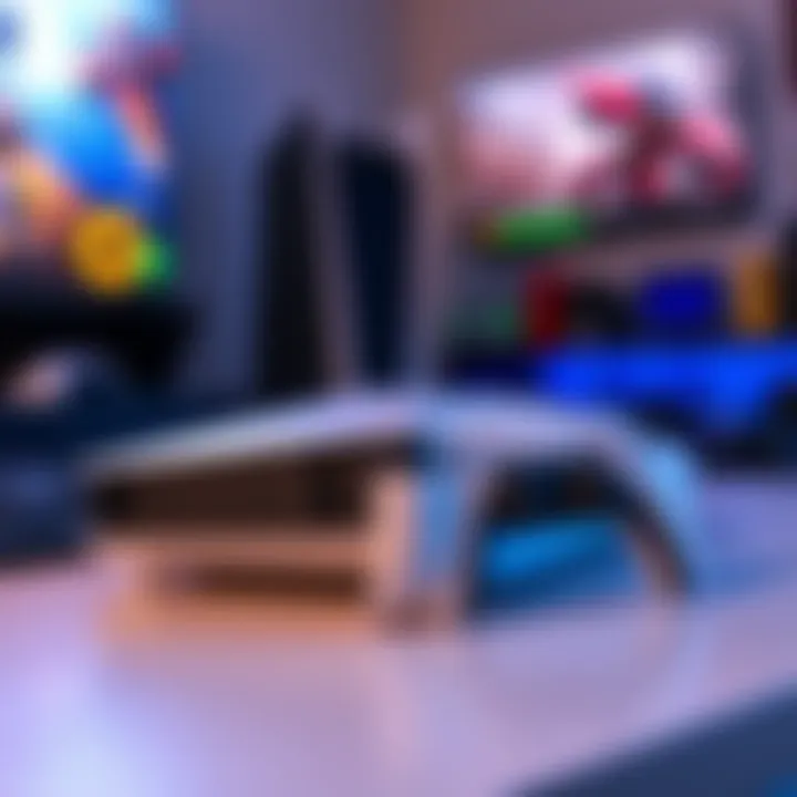A PlayStation 5 console next to its game controller on a table, with a gaming setup in the background.