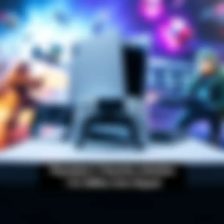 A PlayStation 5 console displayed with a game controller and a backdrop of gaming graphics.