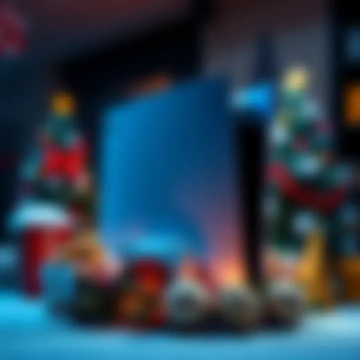 A PlayStation 5 console prominently displayed with festive decorations, showcasing its availability for holiday shoppers.