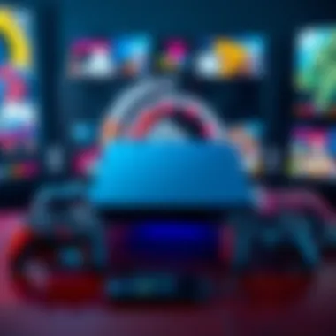 A sleek, modern Playstation 6 console displayed on a table surrounded by game controllers and digital games.