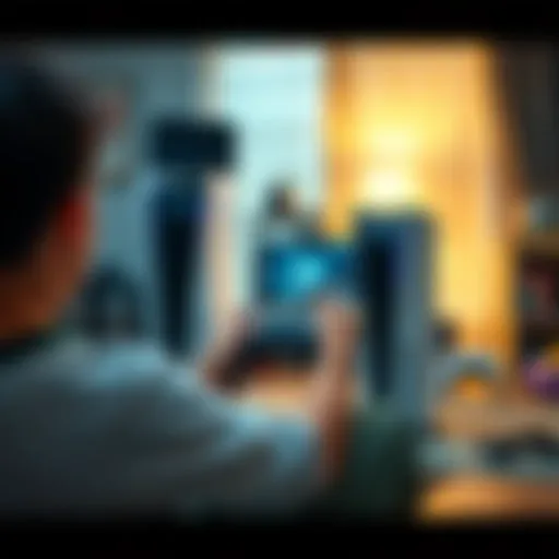A person playing a game on a PlayStation 5 at home, surrounded by gaming accessories and a school backpack, symbolizing console sharing between home and school.