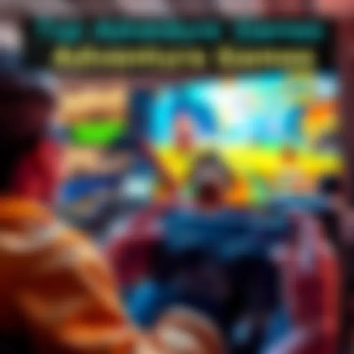 A gamer excitedly playing an adventure game on a PlayStation console with colorful graphics on the screen.