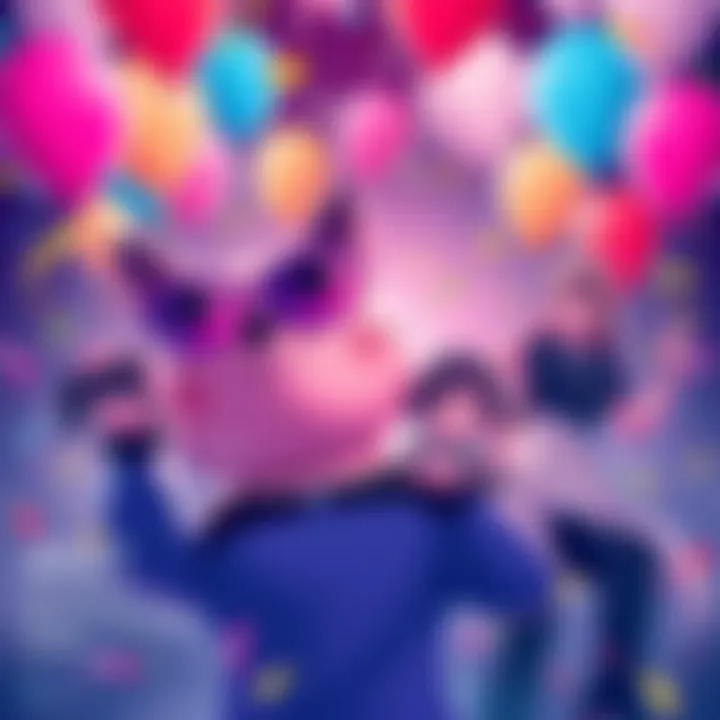 Illustration featuring PlayStation characters celebrating anniversaries with balloons and confetti.