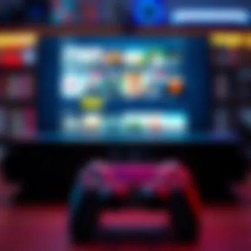 A PlayStation console displaying a digital game library on screen, with a controller in front