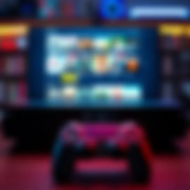 PlayStation console with a digital library A PlayStation console displaying a digital game library on screen, with a controller in front