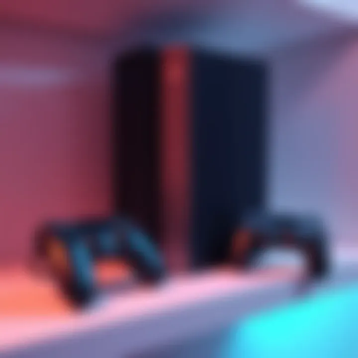 A PlayStation console placed vertically on a shelf with game controllers beside it.