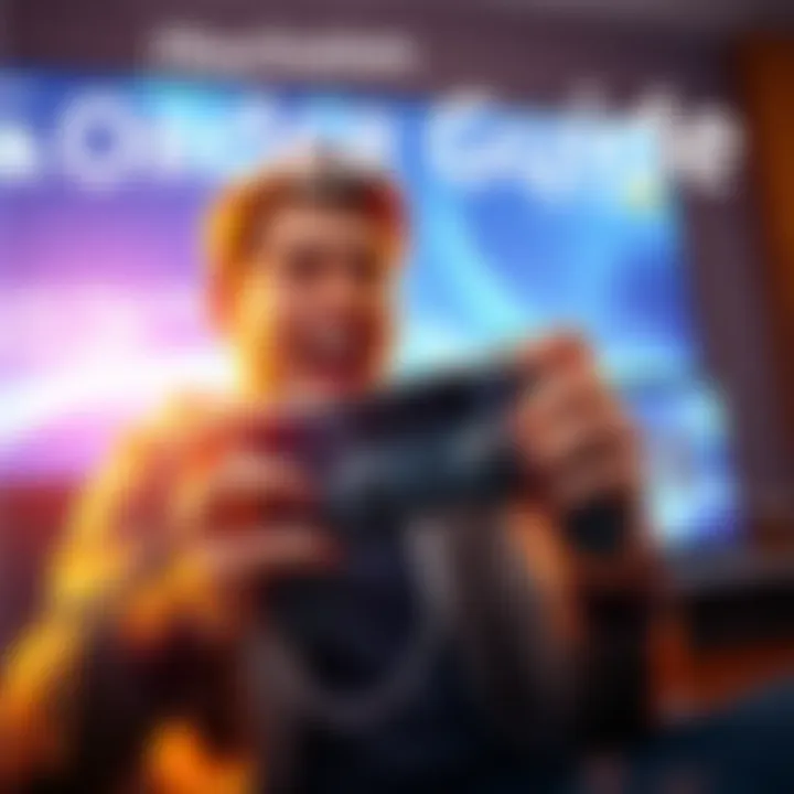 A gamer excitedly holding a PlayStation controller with a laptop displaying the PlayStation Direct website in the background