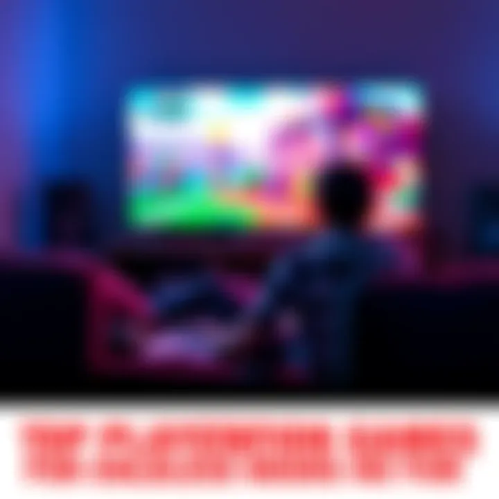 A gamer sitting on a couch, focused on a PlayStation console with vibrant game graphics on the TV screen.