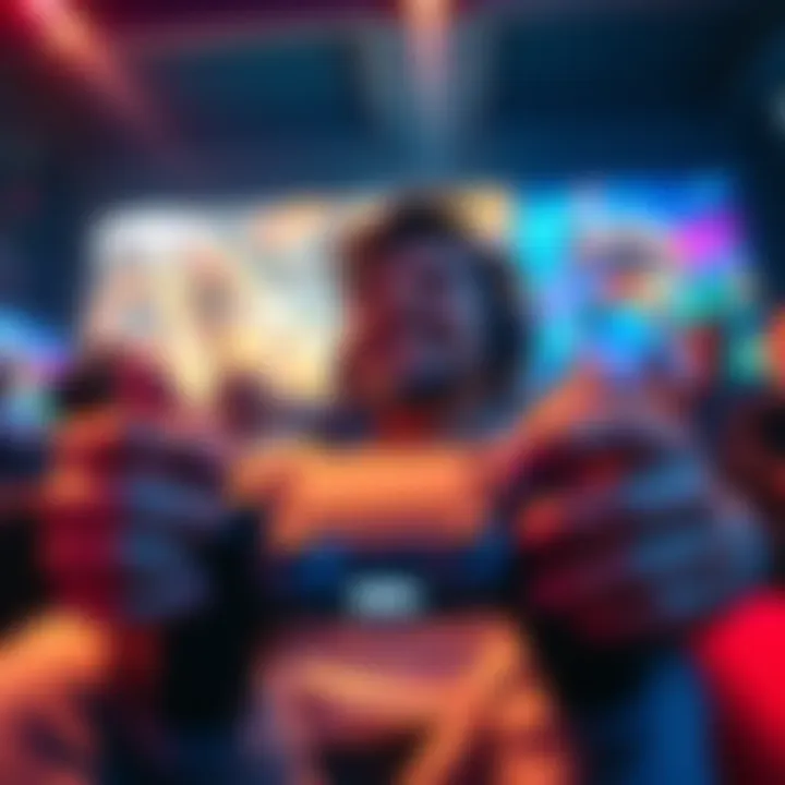 A gamer enjoying a thrilling moment with a PlayStation controller and vibrant game graphics in the background