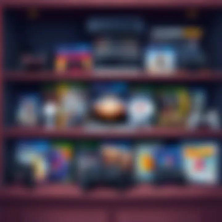 A collection of popular PlayStation games displayed on a shelf with controllers and gaming gear around them.