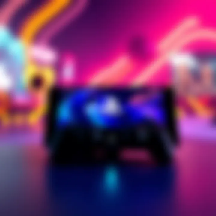 A PlayStation console displaying live service game graphics with a vibrant background and hints of a new handheld device.