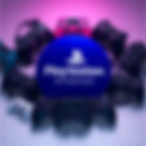 PlayStation logo surrounded by various game controllers and consoles