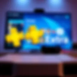 The PlayStation Plus Extra logo displayed on a gaming console with a TV in the background showing a game selection screen.