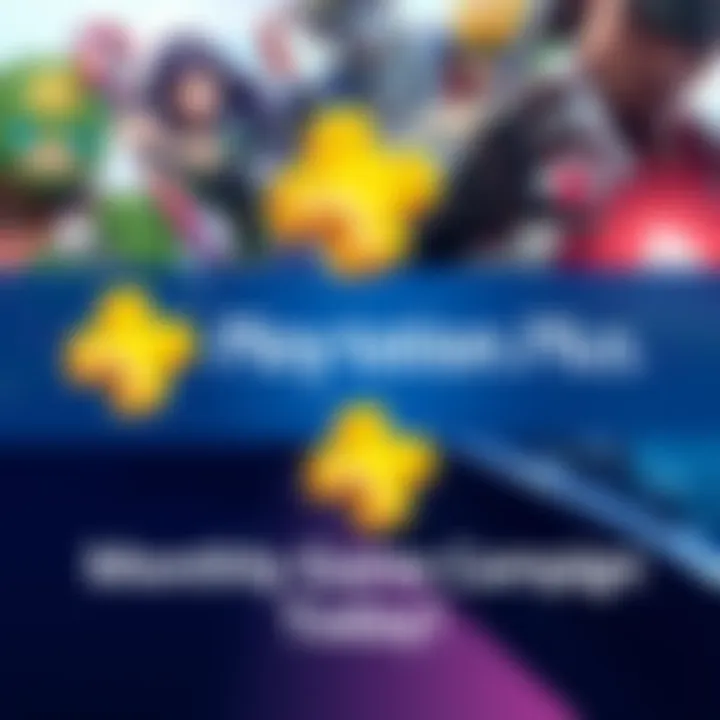 A colorful promotional banner for PlayStation Plus featuring various game art and the text about monthly games campaign.