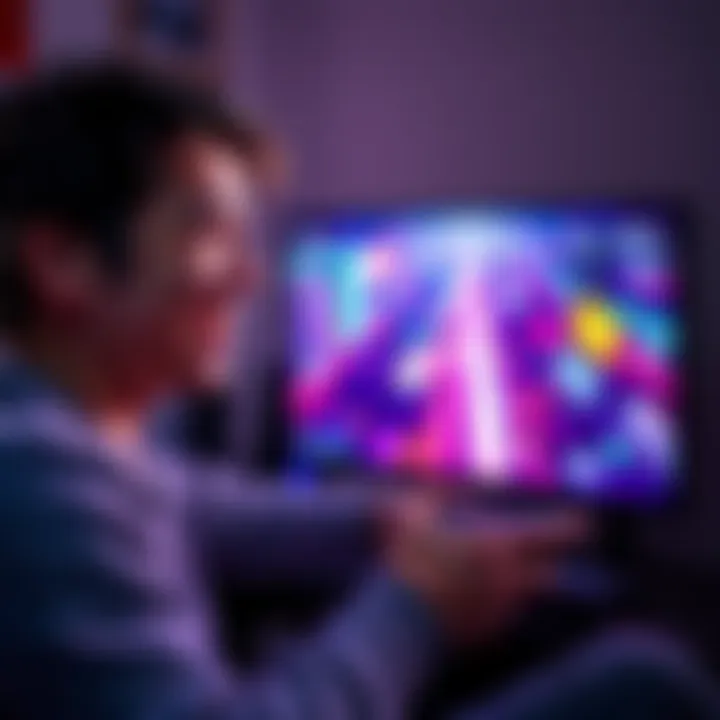 A happy gamer enjoying PlayStation Plus Premium on a console, with vibrant graphics displayed on the screen.